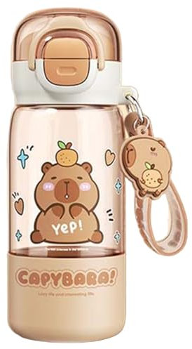 Botella de Agua de Capybara con Tapa y Llavero, 420 ml Linda Botella de Agua con Paja de Silicona, Taza de Bebida y Picos de Alimentos portátiles Resistentes al Calor para niños niñas.