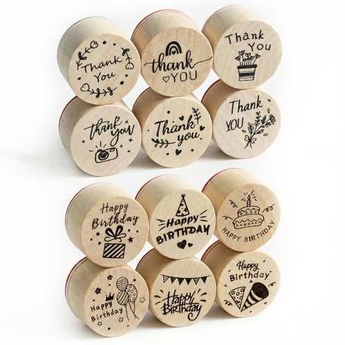 Holzstempel Set 12 Stück, Danke Stempel und Geburtstag Stempel, Runde Motivstempel für Karten Basteln, Lehrer Stamp für Belohnungssystem, Geschenk für Schule