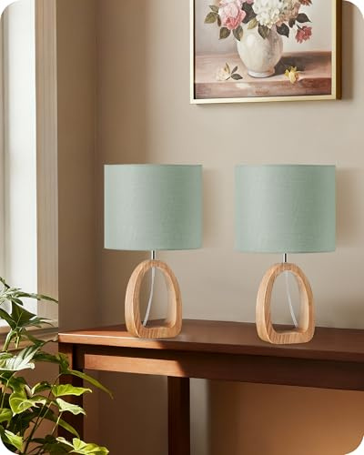GOEBLESON Lámpara de Mesita de Noche de Madera Verde Juego de 2 | Maciza con Base en Forma de Anillo, Pantalla de Lino, Incluye una Bombilla LED 2700K, para Sala de Estar, Dormitorio