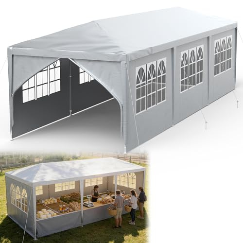 YRHome Pavillon 3x9 m Partyzelt Zelt Stabil Wasserdicht Winterfest UV-Schutz Gartenpavillon Festzelt Bierzelt Camping Zelt mit Seitenteilen & Fenstern für Garten und Camping Grau