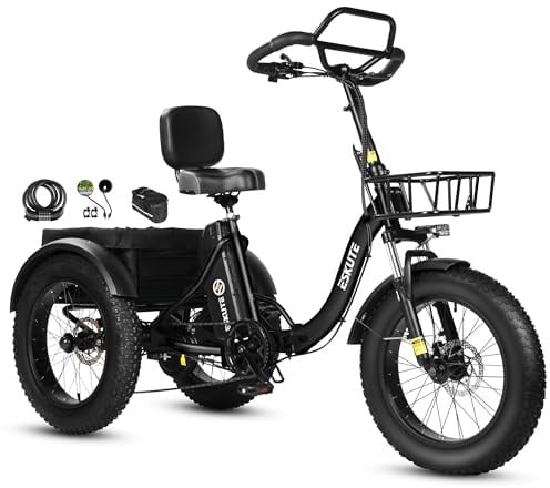 ESKUTE Elektro Dreirad für Erwachsene T302 Pro, 48V 20,8Ah Akku, faltbares E-Bike Dreirad mit Tiefeinstieg, 20×4 Zoll Fat Tires E Trike, inkl. Rückspiegel, Handyhalterung und Zahlenschloss, Schwarz