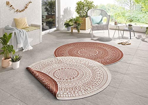 Northrugs Porto In- und Outdoor Teppich Rund – Runder Wendeteppich Wasserfest Mandala Design Flachgewebe Teppich Wetterfest für Balkon, Terrasse, Garten, Wohnzimmer in Terra Creme, ⌀140cm