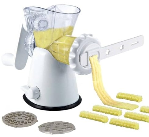 Tredoni Manual Meat Mincer Grinder & Vegetable Shredder, Biscuit Machine Cookie Maker + Biscuits Patterns Attachment, White