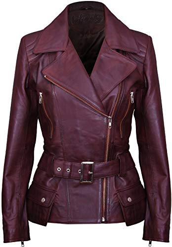 Femmes Conker Marron Longue Femmes Cuir Veste Motard 10