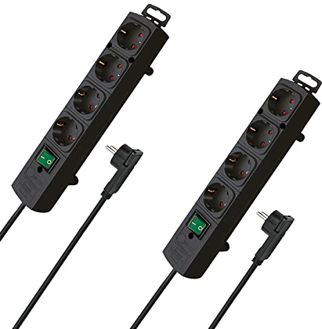 Brennenstuhl Comfort-Line Plus, Steckdosenleiste 4-Fach (mit Flachstecker, Schalter, 2m Kabel und extra breite Abstände der Steckdosen) Farbe: weiß (4-Fach | 2 Stück, Schwarz)