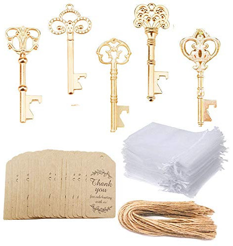 Awtlife 50 Stück KC Gold Skelett Schlüssel Flaschenöffner 5 Stil mit Etikett Karten Durchsichtige Tasche für Hochzeit Party Gastgeschenke Weihnachten