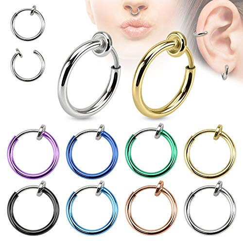 Treuheld® | Fake Piercing Ring aus Chirurgenstahl | Gold | 1,4mm x 10mm | Imitat Piercingschmuck zum Klemmen | für Ohr Nase Lippe Nabel