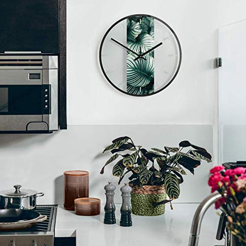 K&L Wall Art lautlose 30cm Große Wanduhr Wohnzimmer Wandbild Dschungel Glasbild Pflanzen Uhr aus Glas mit Quarz Uhrwerk
