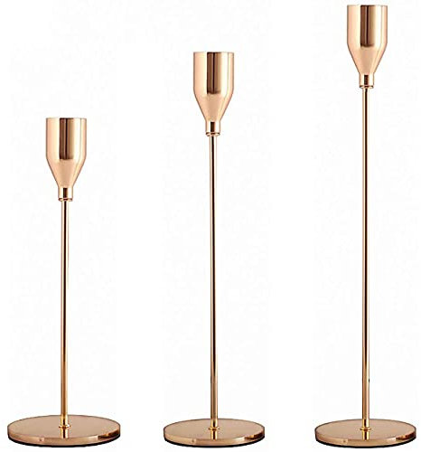 Mornajina Rose Gold Candlestick Holders Set of 3, Decorative Candle Stick Holders Set with Cup Shape Candle Holder Head Fits 3/4 inch Thick Candle & Led Candles for Wedding Party Home