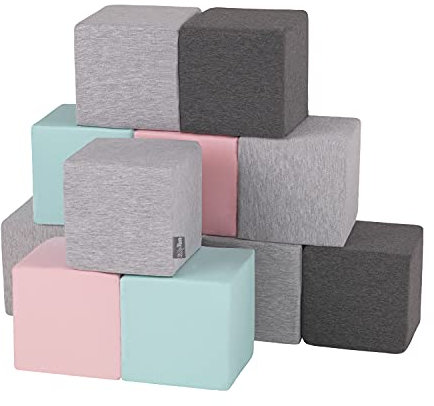 KiddyMoon Schaumstoff Würfel 14 cm Weiche Blöcke 12 Stücke Für Kinder Softbausteine UE, Blöcke: Hellgrau-Dunkelgrau-Pink-Mint