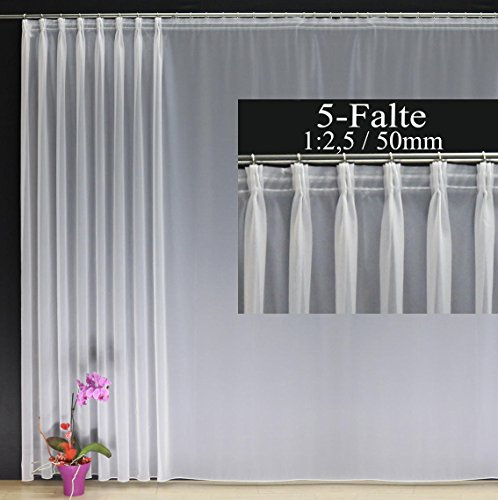 EASYHomefashion Fertiggardine nach Maß Voile Store weiß, maßgefertigt, halbtransparent mit 5er-FALTENBAND. Größe wählbar (Höhe 80-295 cm, Breite 225-1250 cm), Variante 210 x 525cm (HöhexBreite)