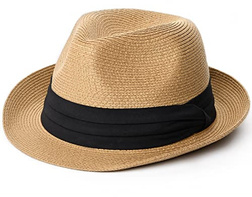 FURTALK Panama Fedora Sun Hats for Men Women Summer Packable Short Brim Roll Up Straw Beach Hat, Khaki, L-XL