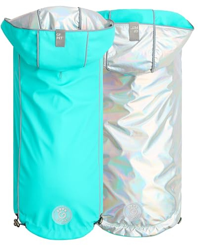 GF Pet Dog Raincoat Elasto-Fit Reversible Coat for Dogs Waterproof Hooded Jacket - Neon Aqua & Iridescent - Small