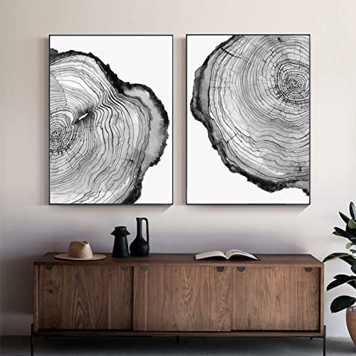 Holzbaumringe Wandkunst Leinwand Baum Ring Druck Schwarz Grau Weiß Malerei Baum Querschnitt Kunst Abstrakte Schwarz und Weiß Bilder Baum Ring Poster Baum Ring Kunstwerk Retro Leinwand 40,6 x 61 x 5 cm