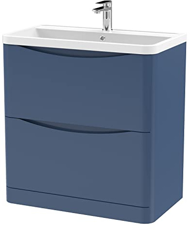 nuie LUN303 Lunar Modern Bathroom Floor Standing 2 Drawer Vanity Basin Unit with Polymarble Basin, 800mm, Satin Blue