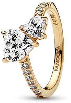 PANDORA Timeless Doppel-Herz Funkelnder Ring mit vergoldeter Metalllegierung und Cubic Zirkonia Timeless Collection, Größe 52, 161198C01-52