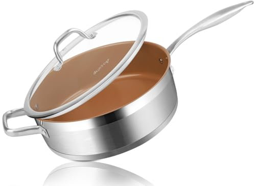 duxtop Schmorpfanne aus Keramik, Antihaftbeschichtung, Induktion, Edelstahl, 5,5 l, tiefe Pfanne mit Deckel, professionelle Qualität und schlagfeste Technologie, Fusion Ti, Kupfer