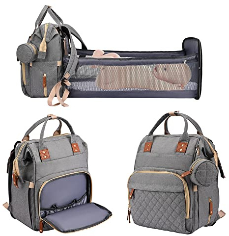 Rikmody Baby Changing Bag Backpack, Multifunctional Diaper Bags with Folding Bed, Large Capacity Nappy Backpacks Insulated Bottle Pockets, Mat, Stroller Straps, USB Port, Gray, 27*18*38cm