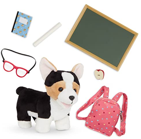 Our Generation Vorschulhund – 15 cm Plüschhund Pembroke Welsh Corgi mit Zubehör – Schultasche, Brille, Apfel, Notizbuch, Kreidetafel und Kreide – Interaktives Spielzeug für Kinder ab 3 Jahren