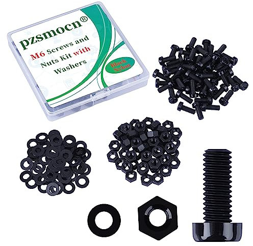Pzsmocn 150 Stück/50 Sätze M6*15 mm Schwarzes Nylon Kunststoff Kreuzschlitz Rundkopfschrauben-Sechskantmuttern mit Isolierscheibe Standardgröße, für Heimwerker und Elektronische Montage.