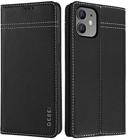 Hülle Echt Leder für iPhone 12 Mini (5,4) - Premium Lederhülle Klapphülle mit Standfunktion und Kartenfächer Flip Case Ledertasche für iPhone 12 Mini - 5,4 Zoll (Schwarz)