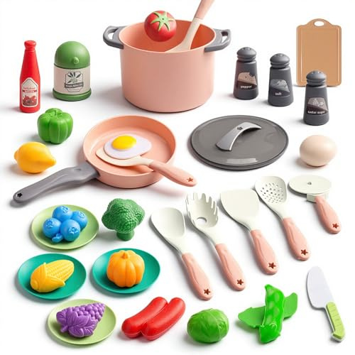 35Pcs Kids Kitchen Toy Accessories, Toddler Pretend Cooking Playset with Play Pots, Pans, Utensils, Cookware, Play Food Set, Toy Vegetables, Learning Gift for Girls & Boys (Pink)