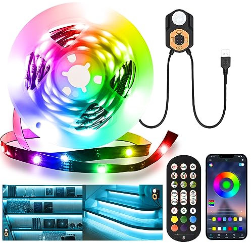 Motion Sensor Under Bed Light 9.84ft/3M, Motion Activated LED Strip Light | RF Remote | Bluetooth App | RGB Color Changing | USB 5V Dimmable TV Backlight for Bedroom, Gaming Room, Cabinet Decoration