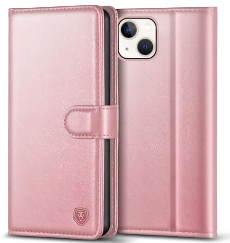 Kuafcase Compatible for iPhone 15 Case with 4 Card Slots Magnetic Closure Kickstand Shockproof Protective Phone Case Compatible for iPhone 15 6.1” - Rose Gold