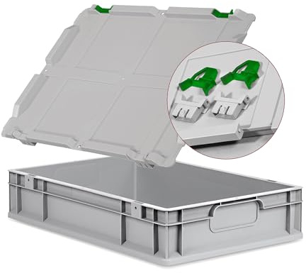 goodsforbusiness Eurobox NextGen Economy 60x40x12cm, Verschlüsse Grün | Logistikbox Campingbox Lagerbox Kunststoffbox grau Griffe geschlossen mit Scharnierdeckel, 23 Liter, stapelbar