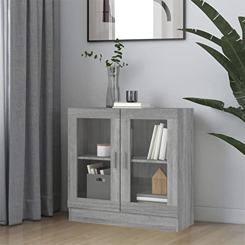 SECOLI Vitrinenschrank Vitrine Glasvitrine Standvitrine Sammlervitrine Bücherschrank Küchenschrank Hochschrank Wohnzimmerschrank Regal-Grau Sonoma-82.5 x 30.5 x 80 cm