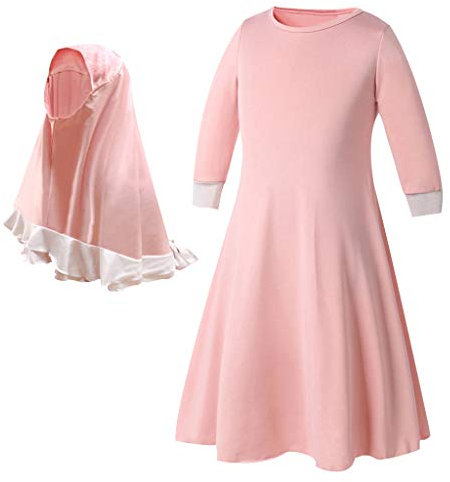 Mit Kinderkleid Baby islamische Ärmeln Lange Stickerei Lange Abaya Hijab Moslems Mädchen Kleidung & Rock Bunter (A-Pink, 18-24 Months)