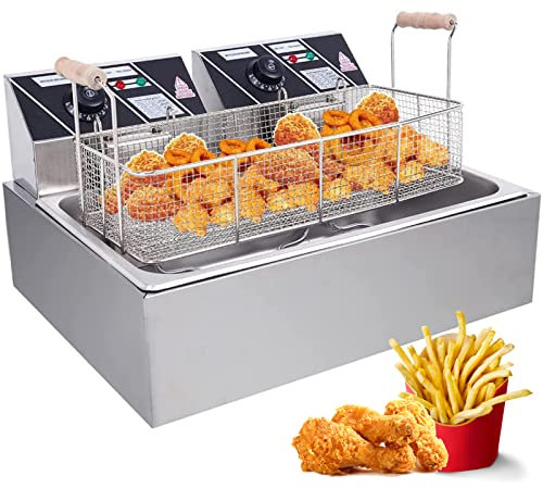 RUYICZB 5000W 23 Qt Electric Commercial Deep Fryer with Removable Baskets And Temperature Knobs, Stainless Steel Countertop Kitchen Frying Machine for Chicken, French Fries, Donuts And More