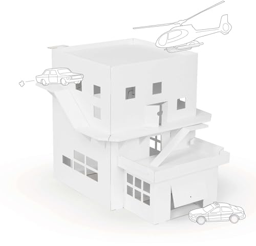 FOLDZILLA 3 in 1 Spielhaus 65 x 50 x 50 cm Hubschrauberlandeplatz große Garage umlaufende Fahrbahn aus Pappe für Kinder Weiß zum Bemalen und Bekleben