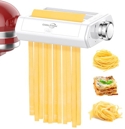 Coolcook 3 In 1 Nudelmaschine Aufsatz für Kitchen Aid Nudelaufsatz Set, Pasta Aufsatz für Kitchenaid mit 8 Stärkeneinstellungen Nudelblech-Roller, Spaghetti, Fettuccine Cutter Maker