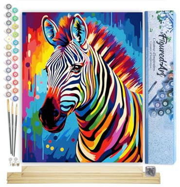 Figured'Art Peinture par Numéro Adulte avec Cadre Zèbre Coloré Abstrait - Activité Manuelle Kit de Loisir Créatif DIY Numéro d'Art Complet Animaux - 40x50cm avec châssis en bois à monter