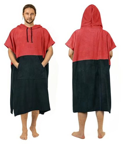 Zingtto Surf Poncho Wickelmantel, extra groß, dick, Handtuch-Poncho für Damen und Herren, mit Kapuzentasche für Strand, Schwimmen, 119,4 x 94 cm, Schwarz Korallenrot