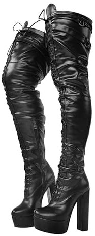 blingqueen Damen Overknee Plateau Stiefel Blockabsatz Schnürstiefel mit Reißverschluss PU Schwarz 39 EU