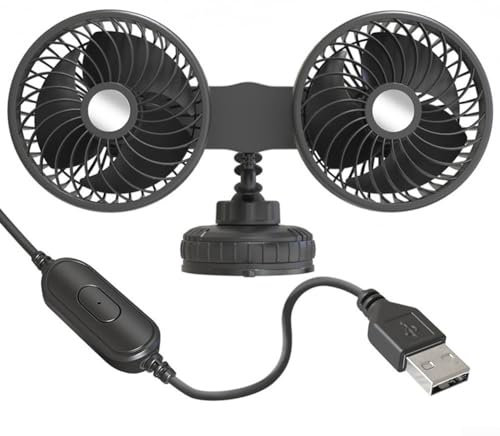 FACULX Ventilateur de voiture à double tête, rotation à pour 360 degrés, USB Plug and Play, vitesse du vent réglable, grande ventouse, vent fort, faible bruit