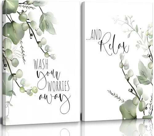 2 Pcs Bathroom Wall Art Sage Green Canvas Wall Decor Plant Pictures Prints Posters Minimalist Frames Paintings Modern Artwork for Restroom Washroom Spa Toilet Home Decorations Ready To Hang 12x16in