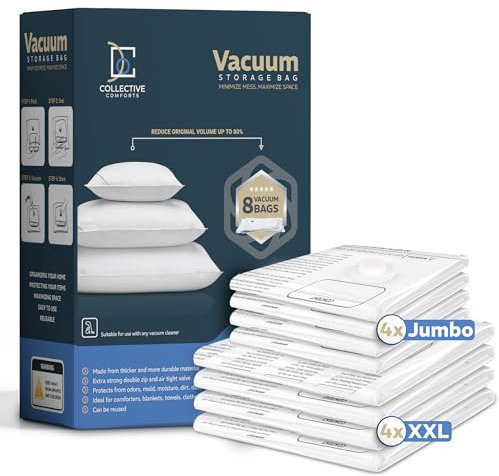 8-Pack Vacuum Storage Bags – XXL & Jumbo Sizes – Vacuum Seal Bags for Bedding, Blankets & Clothing – Space Saver Compression Bags
