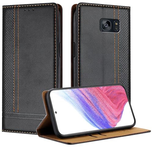 Mo-Beauty Handyhülle für Samsung Galaxy S7 Edge, PU Leder Flip Klappbare für Samsung S7 Edge mit Standfunktion Kartenfächer Magnet Hülle (Schwarz)