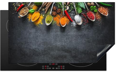 KitchenYeah© Copri Piano Cottura 90x52 cm Coprifornelli Tappetino per Induzione Fornello Tutto per la Cucina Spezie - Calcestruzzo - Cucchiai