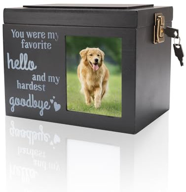 GAESHOW Urna Cenizas Perro, Urna para Gatos y Perros con Ranura de Fotos, 19 x 14 x 13cm, Caja de Madera de Recuerdo de Urna con Diseño de Pizarra con Texto Escribible