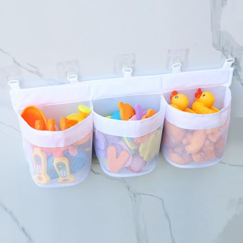LUFEIS Bath Toy Storage Net, Hanging Toy Storage Bags with 3 Compartment, Versatile Bath Toy Basket with 5 Strong Adhesive Hooks, Bath Toy Organiser for Bathtub Bathroom Toy Classification and Organiz