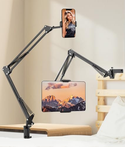 JOILCAN Soporte de Tablet para la Cama, Soporte de Aluminio para Tabletas para Escritorio/Sofá, Rotación de 360 Grados Soporte para Tablet 4.7-12.9, Soporte de Teléfono 4-7 Ligero con 2 Brazos
