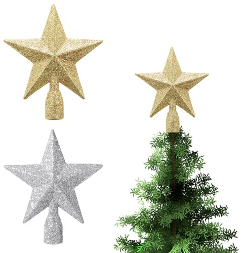 WLLHYF Paquete de 2 mini estrellas con purpurina para árbol de Navidad de 4 pulgadas, adornos decorativos de plástico para Navidad, decoración del hogar, fiesta de cumpleaños (dorado/plateado)