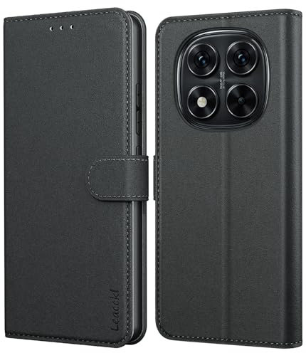 Leacckl Funda para Xiaomi Redmi Note 14 Pro 5G/ Pro +/ Poco X7 5G, Funda Tipo Cartera de Piel, Funda Abatible con Tarjetero y Hebilla Magnética, Negro