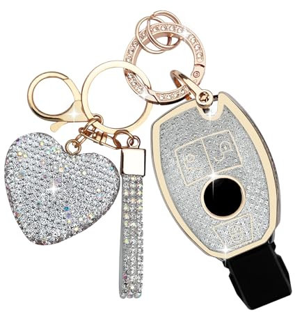 ZVRSUA Coque de Clé de Voiture pour Mercedes Benz Clés de Voiture avec Porte-Clés Strass en Cœur Compatible avec Benz A/B/C/E/G/R/S Classe GLA GLC GLE GLK SLK CLA CLK CLS AMG W203 W204 (Argent)