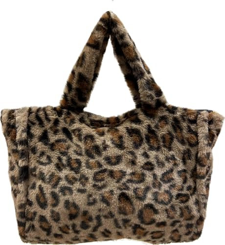 J26 Teddyfell Leopard Optik Shopper Tasche Schultertasche Henkeltasche Tote Bag Beutel Vlies Leo (Khaki)