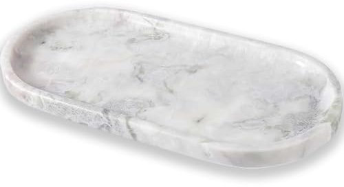 1 Pieces Oval Shatterproof Bathroom Tray,Trays for Cosmetics,Silica Vanity Tray,For candles,Small Cosmetics,Easy to clean and reusable(25 x 11 cm,Marble white)